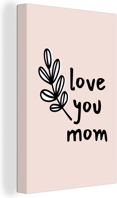 Canvas Schilderij Moederdag cadeau met quote love you mom Lichtroze met tak - 20x30 cm - Wanddecoratie