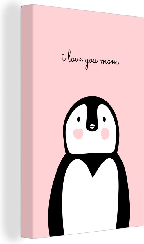 Canvas Schilderij Quote voor Moederdag – i love you mom met pinguïn – roze - 60x90 cm - Wanddecoratie