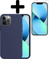 iPhone 13 Pro Max Hoesje Siliconen Case Hoes Met Screenprotector - iPhone 13 Pro Max Hoesje Cover Hoes Siliconen Met Screenprotector - Donkerblauw