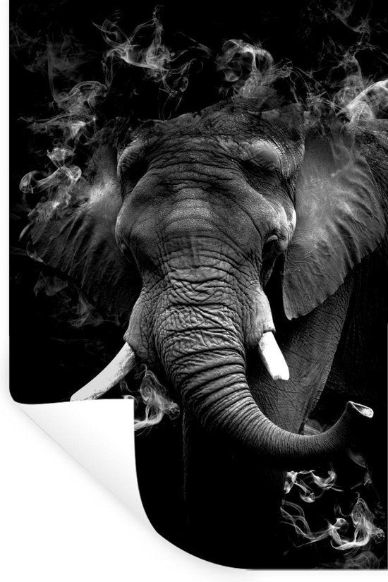 Muurstickers - Sticker Folie - Olifant met rook tegen zwarte achtergrond - zwart wit - 80x120 cm - Plakfolie - Muurstickers Kinderkamer - Zelfklevend Behang - Zelfklevend behangpapier - Stickerfolie