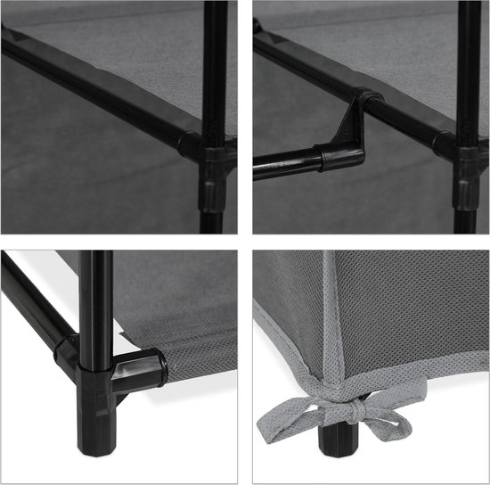 Grijze stoffen kast met een zwart metalen frame. Details van de hoekverbindingen en de stof.