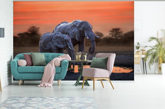 Behang - Fotobehang Twee olifanten bij zonsondergang - Breedte 330 cm x hoogte 220 cm