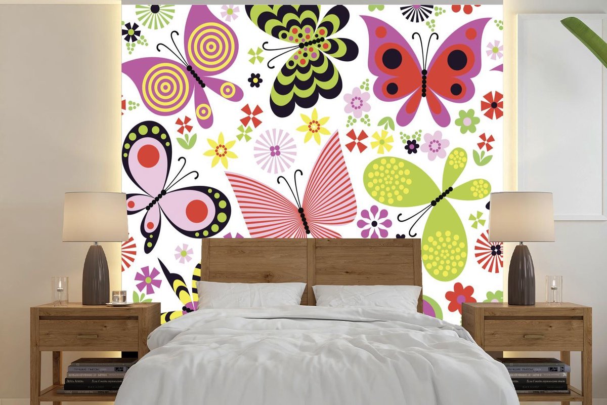 Behang - Fotobehang vlinders en bloemen - Breedte 260 cm x hoogte 260 cm