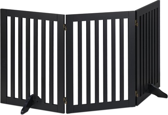 Barrière pour chien noire, pliable, autoportante, à trois panneaux.
