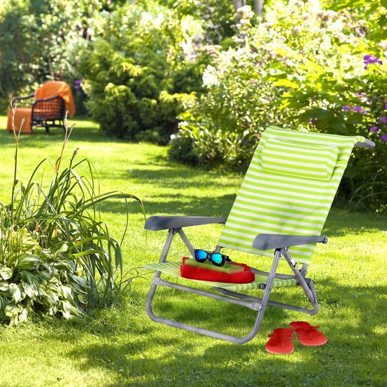 Relaxdays strandstoel opvouwbaar - verstelbaar - laag - 8 standen - armleuning - camping - groen-wit van Relaxdays — afbeelding 2