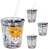 relaxdays Glas avec paille et couvercle - 4 pièces - verres pour enfants - avec impression - verres à eau