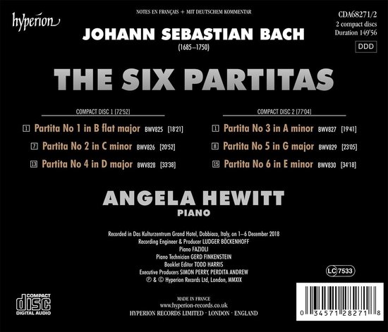 Achterkant van een dubbel-cd hoes met Bach's The Six Partitas door Angela Hewitt. Tracklist en productiedetails vermeld.