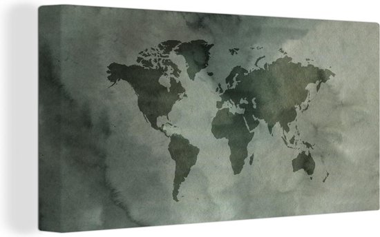 Wanddecoratie Wereldkaart - Groen - Grijs - Canvas - 40x20 cm