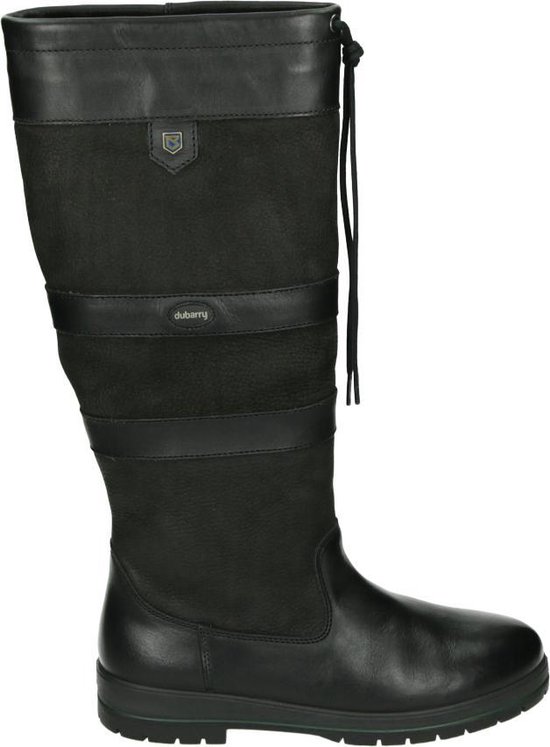 Zwarte leren en suède kniehoge laars met Dubarry logo, bandjes en veter.