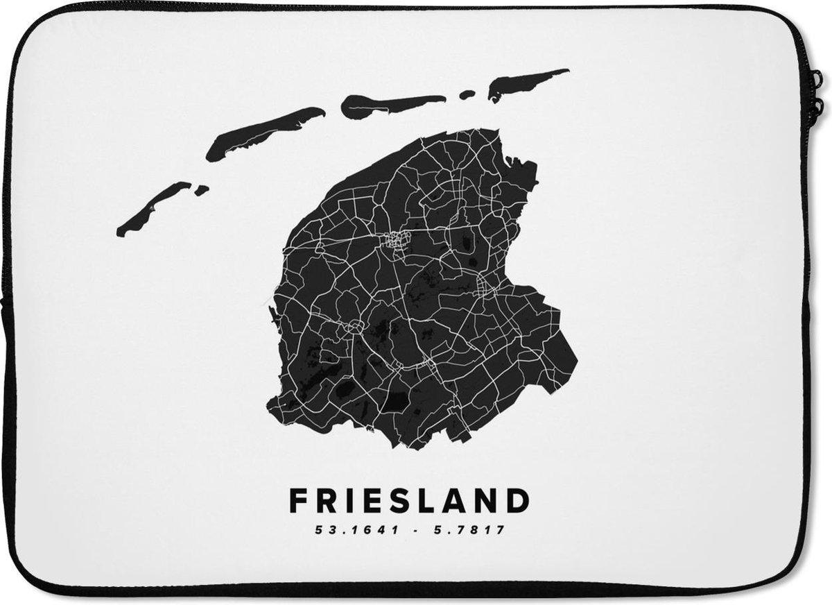 Laptophoes 13 inch - Friesland - Nederland - Kaart - Wit - Laptop sleeve - Binnenmaat 32x22,5 cm - Zwarte achterkant