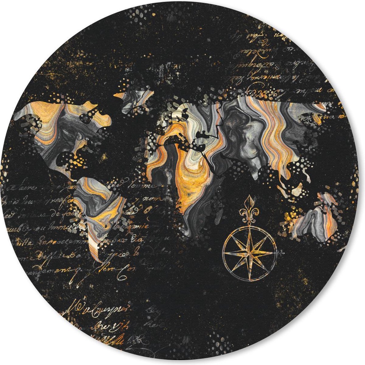 Muismat rond 50x50 cm - Mousepad Wereldkaart - Verf - Goud - Kompas - Ronde muismatten