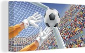 Canvas Schilderij Een illustratie van een keeper die de voetbal tegenhoudt - Jongetje - Meisjes - Kind - 40x20 cm - Wanddecoratie
