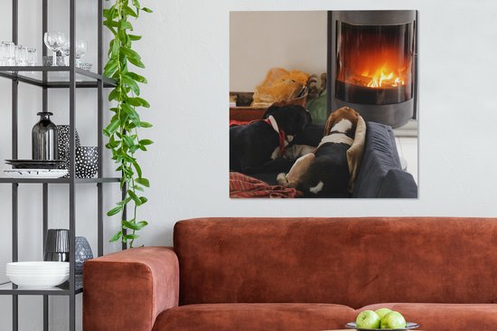 Tableau sur toile Chiens regardant une cheminée - 90x90 cm - Décoration murale