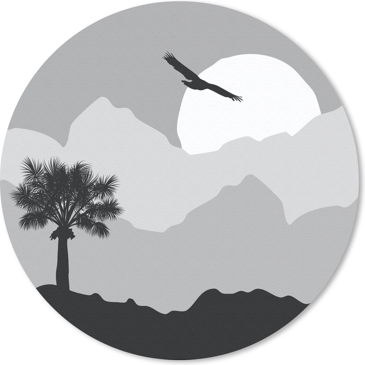 Muismat rond 20x20 cm - Mousepad Zon - Palm - Vogel - Zwart - Wit - Ronde muismatten