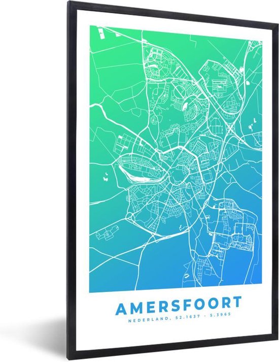 Fotolijst incl. Poster – Stadskaart – Amersfoort – Nederland – Blauw – 60×90 cm – Posterlijst – Plattegrond