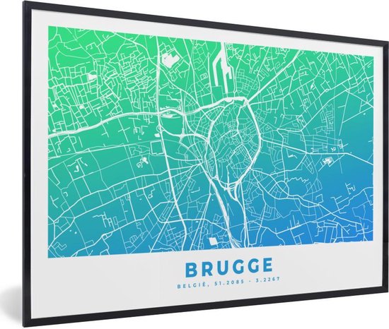 Fotolijst incl. Poster - Stadskaart - Brugge - Blauw - België - 90x60 cm - Posterlijst - Plattegrond