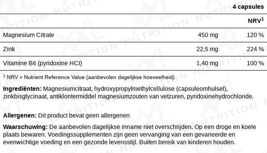 Voedingsinformatie: Magnesium Citraat, Zink, Vitamine B6. NRV 120%, 224%, 100%. Ingrediënten en waarschuwing.