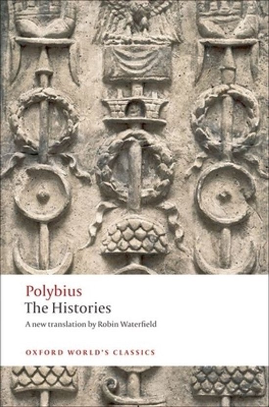 Couverture du livre 'The Histories' de Polybe, traduit par Robin Waterfield. Bas-reliefs en pierre grise avec blasons, ancres et couronnes.