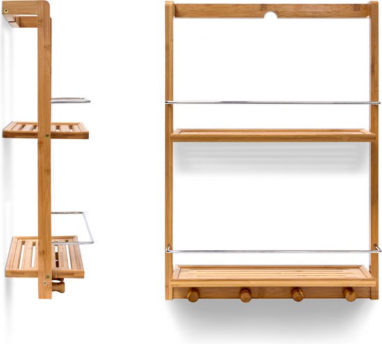 doucherek bamboe - met 2 etages - 53 x 38 x 15,5 cm - flaconhouder - met 4 handdoekhaken