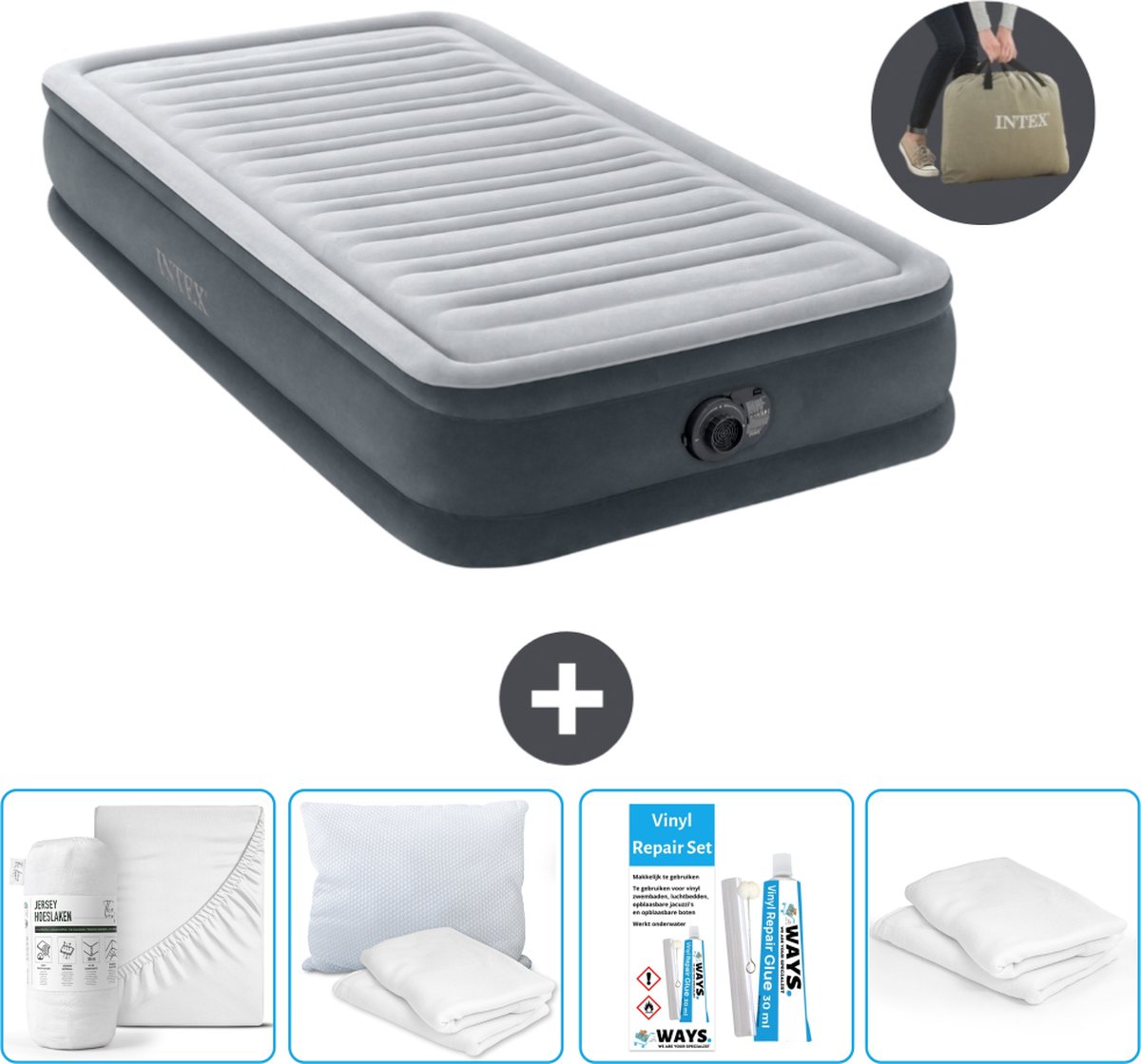 Intex Luchtbed - 1 Persoons - 99 x 191 x 33 cm - Grijs - Inclusief pomp - Hoeslaken - Kussen - Reparatieset en Kussenbeschermer