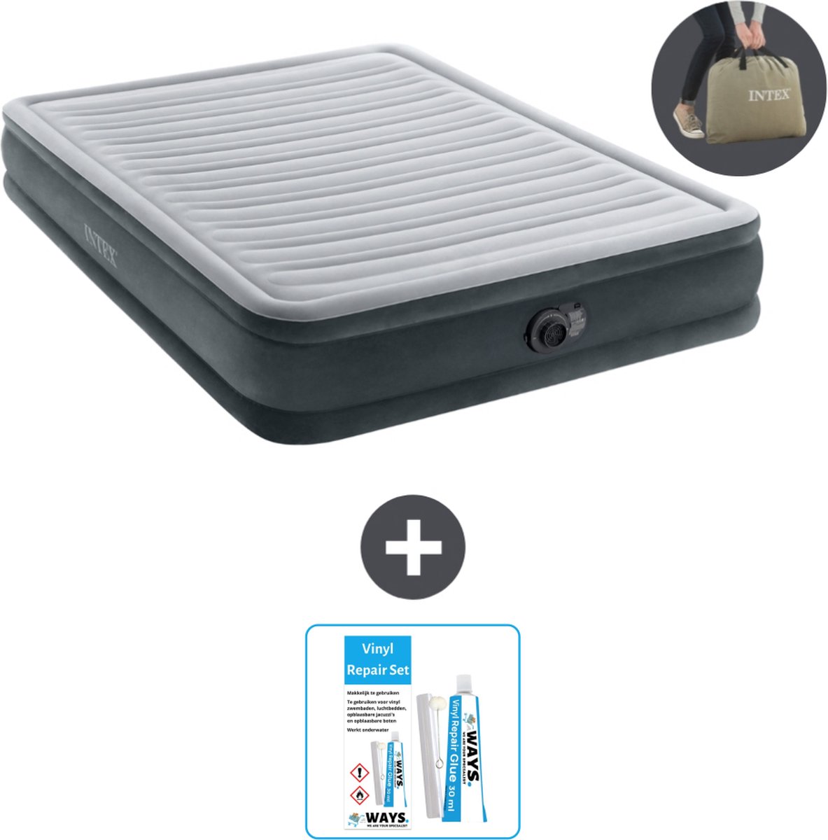 Intex Luchtbed - 2-Persoons - 152 x 203 x 33 cm - Grijs - Inclusief pomp - Reparatieset