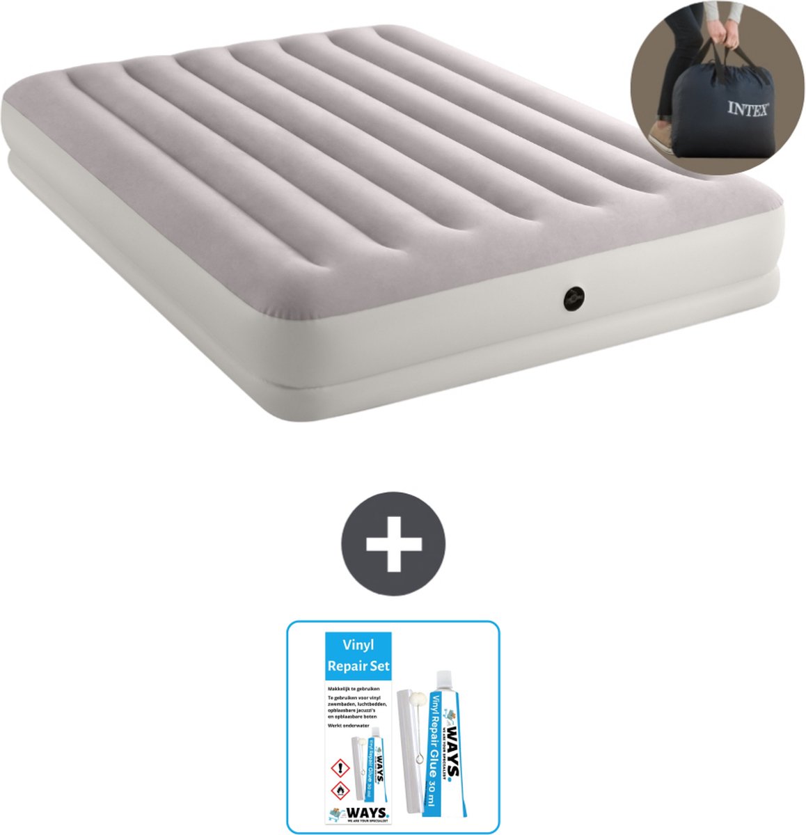 Intex Luchtbed - 2-Persoons - 152 x 203 x 30 cm - Grijs - Inclusief pomp - Reparatieset