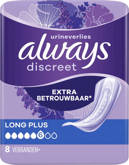 Verpakking Always Discreet Long Plus, Extra Betrouwbaar, 8 verbanden.