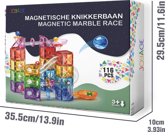 Doos van de Joyage magnetische knikkerbaan, 116 onderdelen, met afmetingen aangegeven.