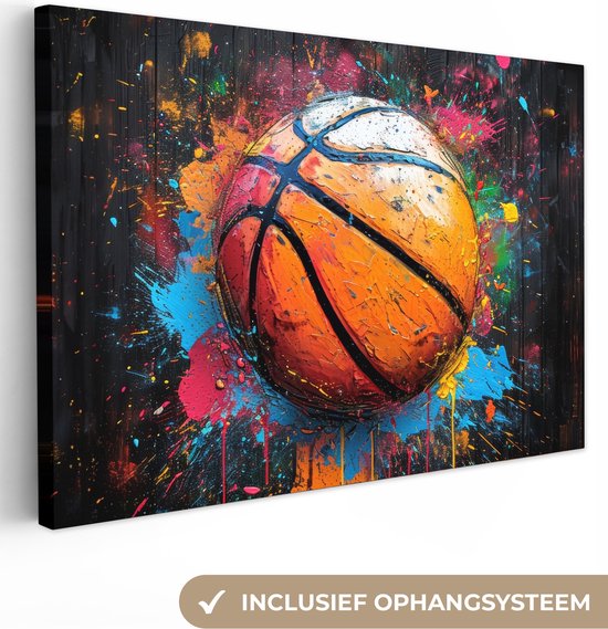 Canvas Schilderij 90x60 cm - Graffiti - Basketbal - Verf - Sport - Street art - Wanddecoratie slaapkamer - Muurdecoratie woonkamer - Interieur decoratie - Schilderijen