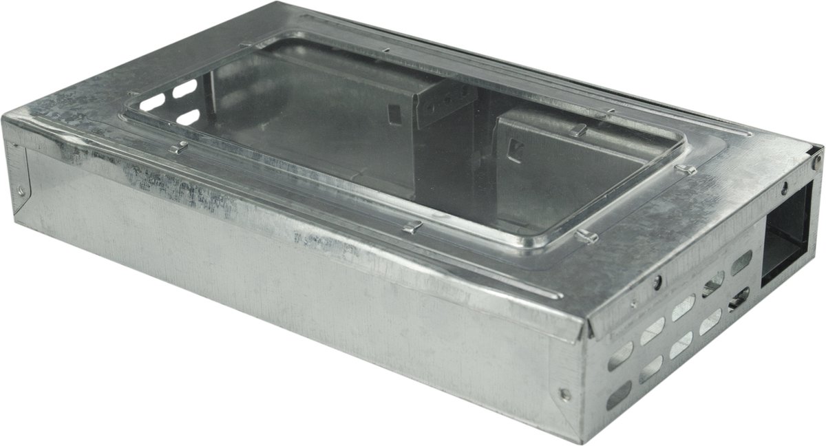 HPC Muizenval Catch-A-Mouse met kijkdeksel - Diervriendelijke muizenval - 2 ingangen - Bevestigingsmogelijkheden - 26.5x16x5 cm - Zilver