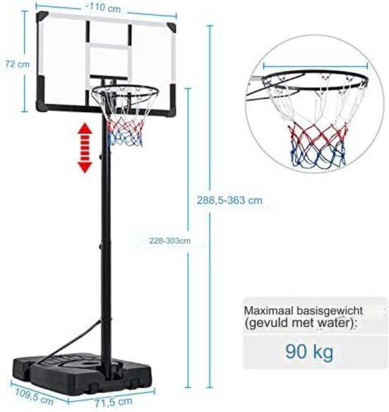 Dunlop basketbalhoepel met standaard, 165-205 cm - kopen bij