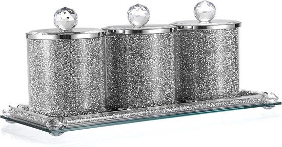 Set van 3 containers met deksels en 1 dienblad - glas gespiegeld met gemalen diamanten container voor keukentafel, decoratieve glitter glazen decoratie toonbankcontainer