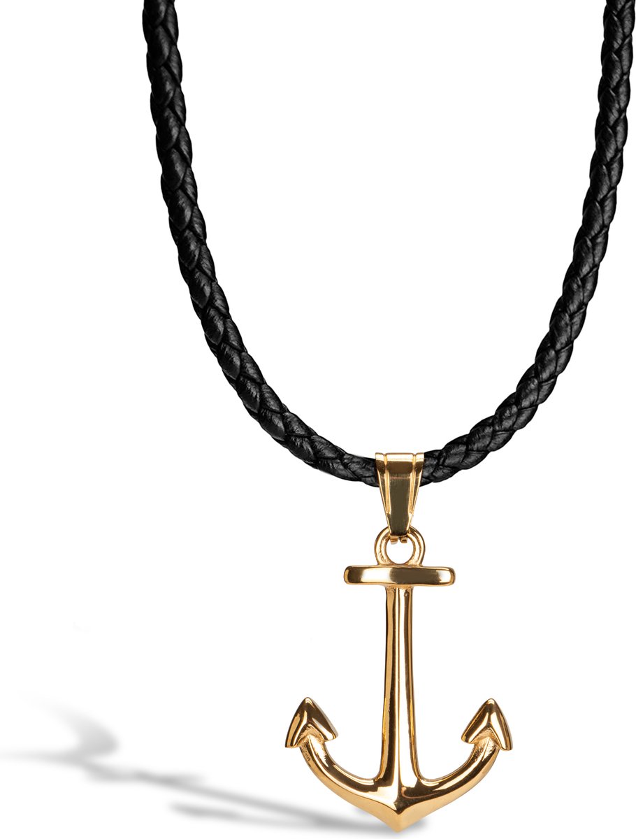 SERASAR Lederen Halsband Man [Anchor], Goud 60cm, Huwelijksgeschenken voor Mannen