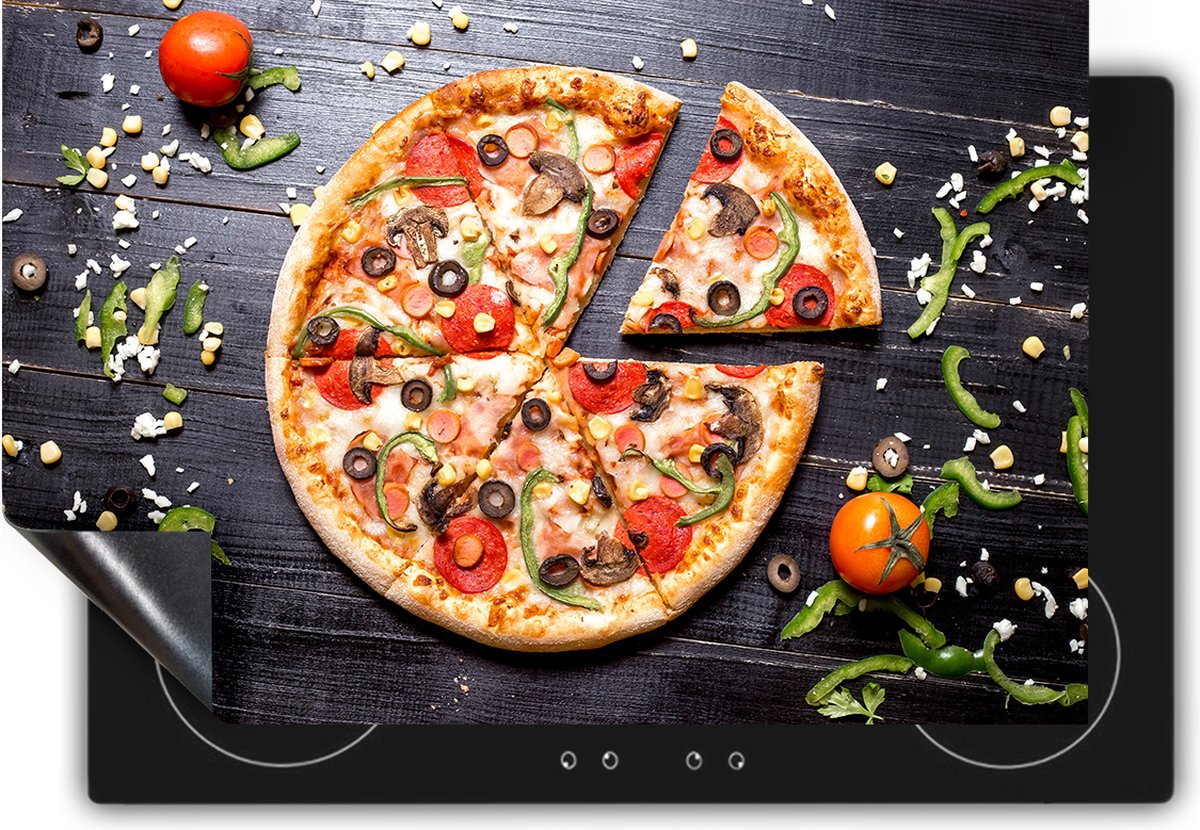 Chefcare Inductie Beschermer Pepperoni Pizza op Houten Planken - 81x52 cm - Afdekplaat Inductie - Kookplaat Beschermer - Inductie Mat