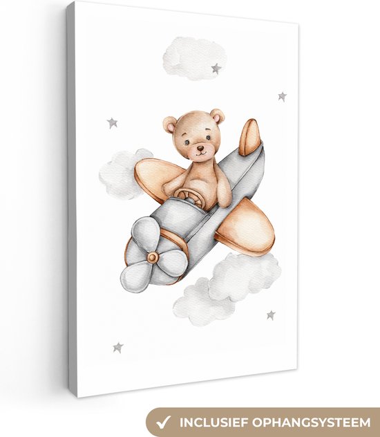 Canvas Schilderij Beer - Vliegtuig - Sterren - Kinderen - 40x60 cm - Wanddecoratie kinderkamer - Decoratie babykamer - Muurdecoratie accessoires