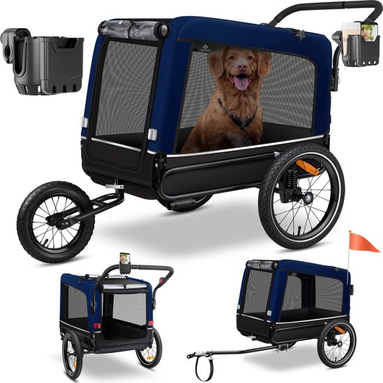 Donkerblauwe hondenfietskar met een hond erin, zichtbaar vanuit meerdere hoeken.