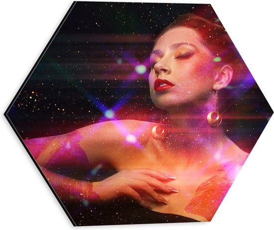 Dibond Hexagon - Vrouw - Lichten - Kleuren - Glitter - Make-Up - - 30x26.1 cm Foto op Hexagon (Met Ophangsysteem)