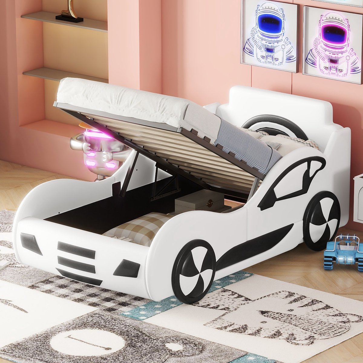 Model autobed - autobed 90 x 200 plat bed - kinderbed - kinderspeelgoedbed met opbergruimte onder het bed - wit