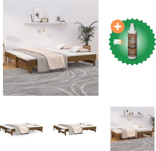 vidaXL Slaapbank Massief Grenenhout - Uitschuifbaar - Gelat Ontwerp - Eenvoudig in Gebruik - Honingbruin - 202.5 x 159 x 33.5 cm - Bed - Inclusief Houtreiniger en verfrisser
