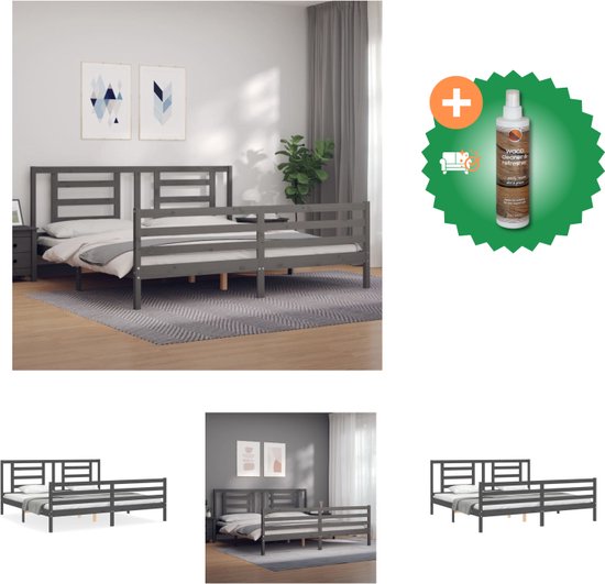 vidaXL Bedframe met hoofdbord massief hout grijs 200x200 cm - Bed - Inclusief Houtreiniger en verfrisser