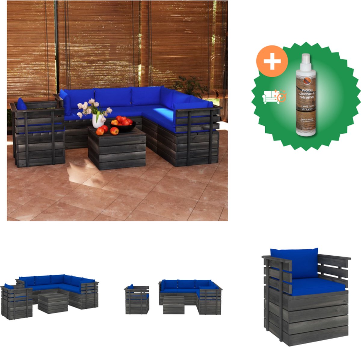 VidaXL Tuinset Pallet Grenenhout Blauwe Kussens Armstoel Middenbank Hoekbank Tafel Afmetingen- 70x65x71.5cm 60x65x71.5cm 65x65x71.5cm 60x60x41.5cm Montage vereist Tuinset Inclusief Houtreiniger en verfrisser