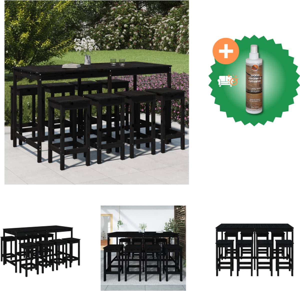 VidaXL Massief grenenhouten barset zwart bartafel 203.5 x 90 x 110 cm barkruk 40 x 40 x 78 cm draagvermogen 110 kg 1 bartafel 8 barstoelen Tuinset Inclusief Houtreiniger en verfrisser