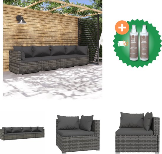 vidaXL 4 delige Loungeset met kussens poly rattan grijs Tuinset Inclusief Onderhoudsset