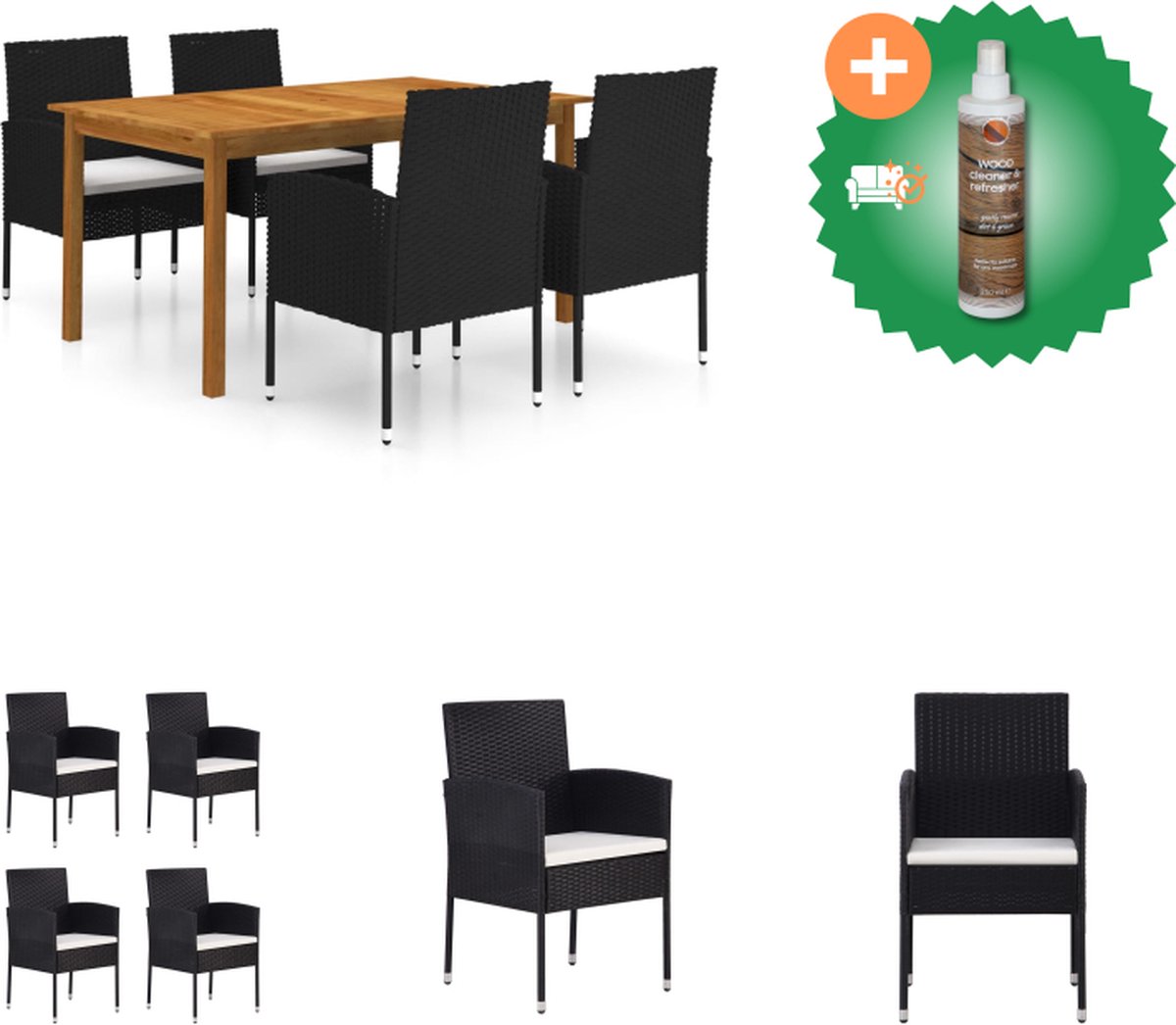 VidaXL Tuinset Acaciahouten eettafel Stalen frame met rattan eetstoelen 150x90x74cm Zwart Crèmewit Tuinset Inclusief Houtreiniger en verfrisser