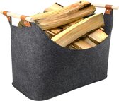 XL Houten mand voor brandhout, brandhoutmand met houten handvat, dikke houten mand, opvouwbare vilten tas, hij kan ook worden gebruikt als opbergmand voor boodschappen, hout en kranten, 45 x 32 x 40