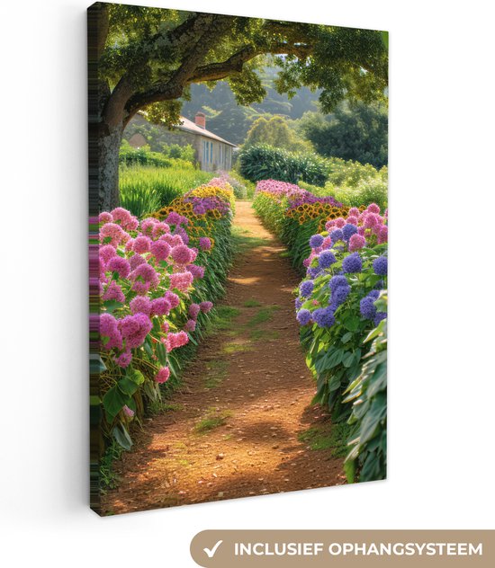 Canvas schilderij 40x60 cm - Wanddecoratie Bloemen - Pad - Zonnebloemen - Tuin - Hortensia - Muurdecoratie woonkamer - Slaapkamer decoratie - Kamer accessoires - Schilderijen