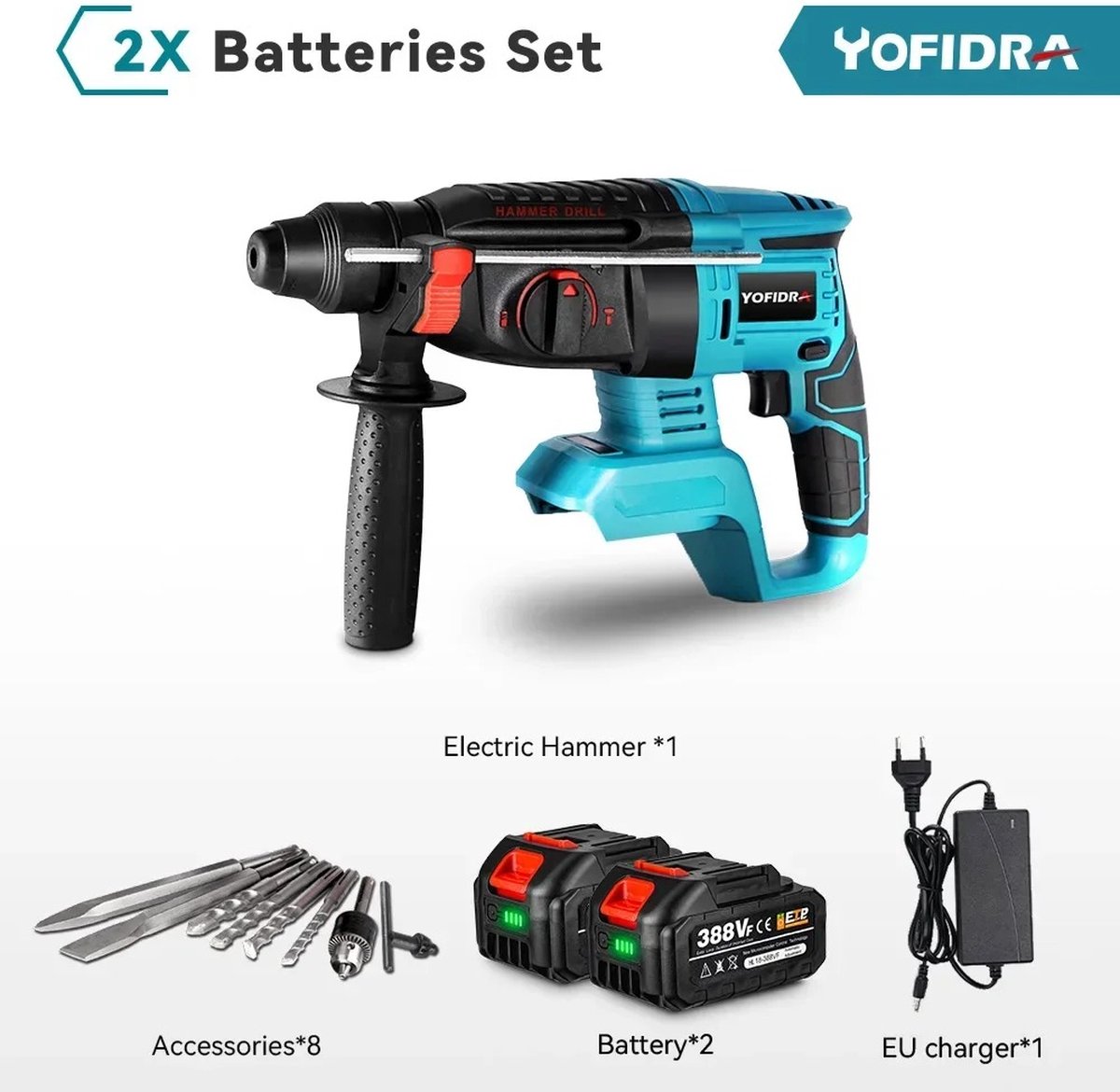 Yofidra - Klopboormachine - Met 4 Standen - Inclusief Twee 18v Accu's & 8 Borenset - Geschikt Voor Makita 18v Accu's - Trigger Met Variabele Snelheid -Met Handgreep - Blauw