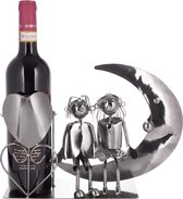 Wijnfleshouder Lovers on the Moon - Paar sculptuurmetaal - Flessenstandaard - met wenskaart voor wijncadeau