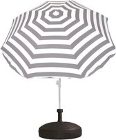 Voordelige set: grijs/wit gestreepte parasol en rotan kunststof parasolvoet zwart - diameter parasol 180 cm