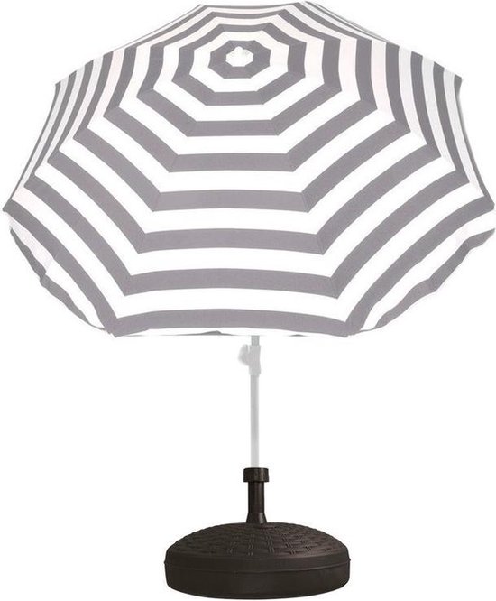 Voordelige set: grijs/wit gestreepte parasol en kunststof parasolvoet zwart -... bol.com